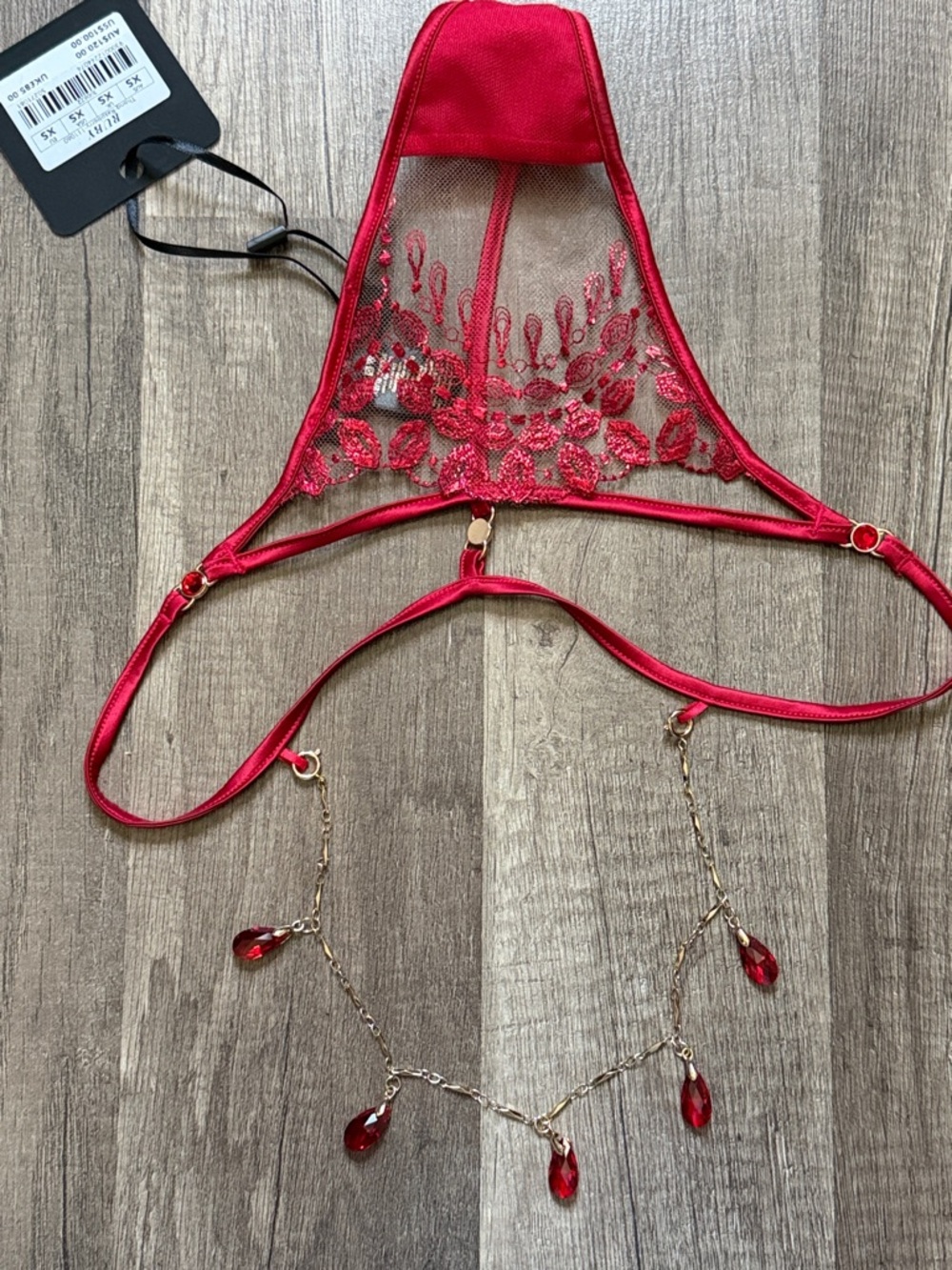 NWT Honey Birdette Ruby”Red Lace Thong with Jewel Drops - Picture 4 of 5